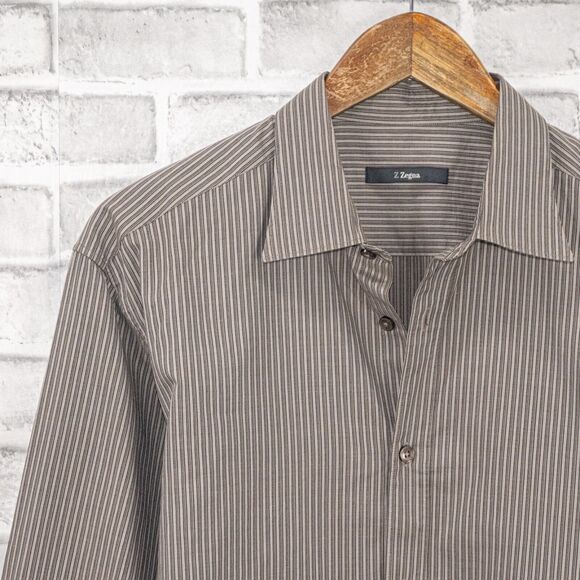 Z Zegna Men's City Fit Button up Shirt in Gray tan striped cotton size 16 - Picture 6 of 7
